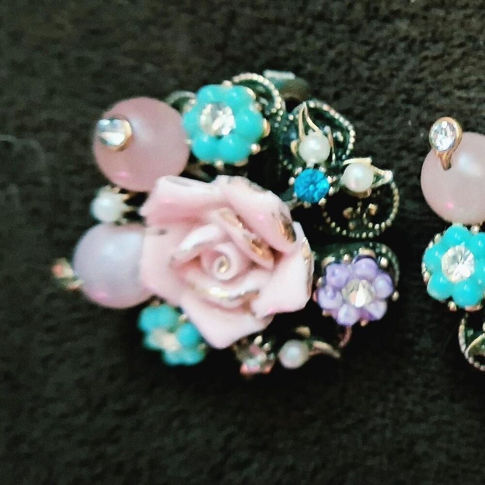 Filigree & Pastel Rose Clip-On Earrings | Ornate Regency Estate Jewelry